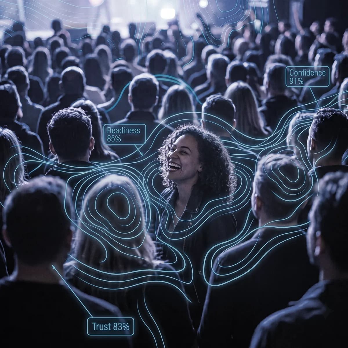 A crowd at a live event with one person laughing, overlaid with glowing contour lines and emotion metrics like Trust, Readiness, and Confidence